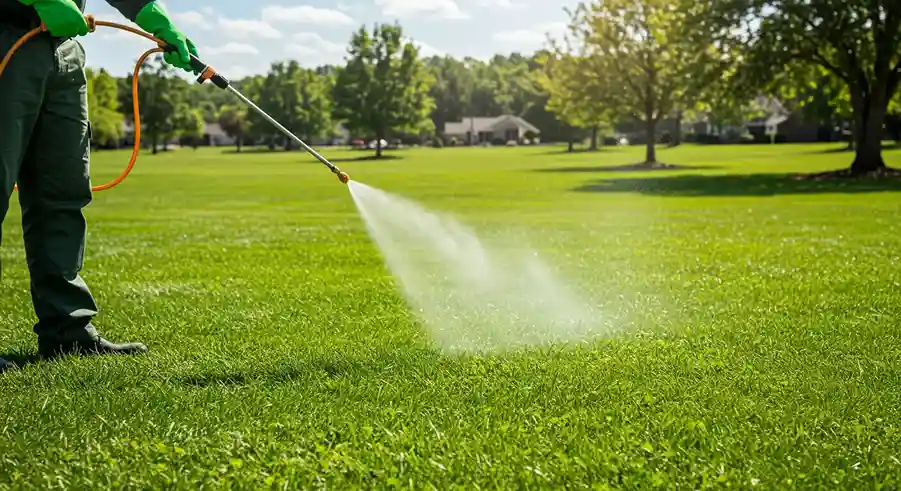 A pest control technician wearing green pants and gloves sprays a wide, green lawn to kill fleas.
