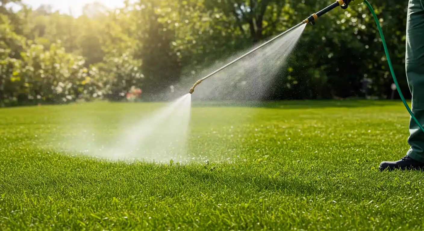 A close-up of a pest control technician's feet and legs as they spray a green lawn with a stream of water or pest control liquid to eliminate fleas.