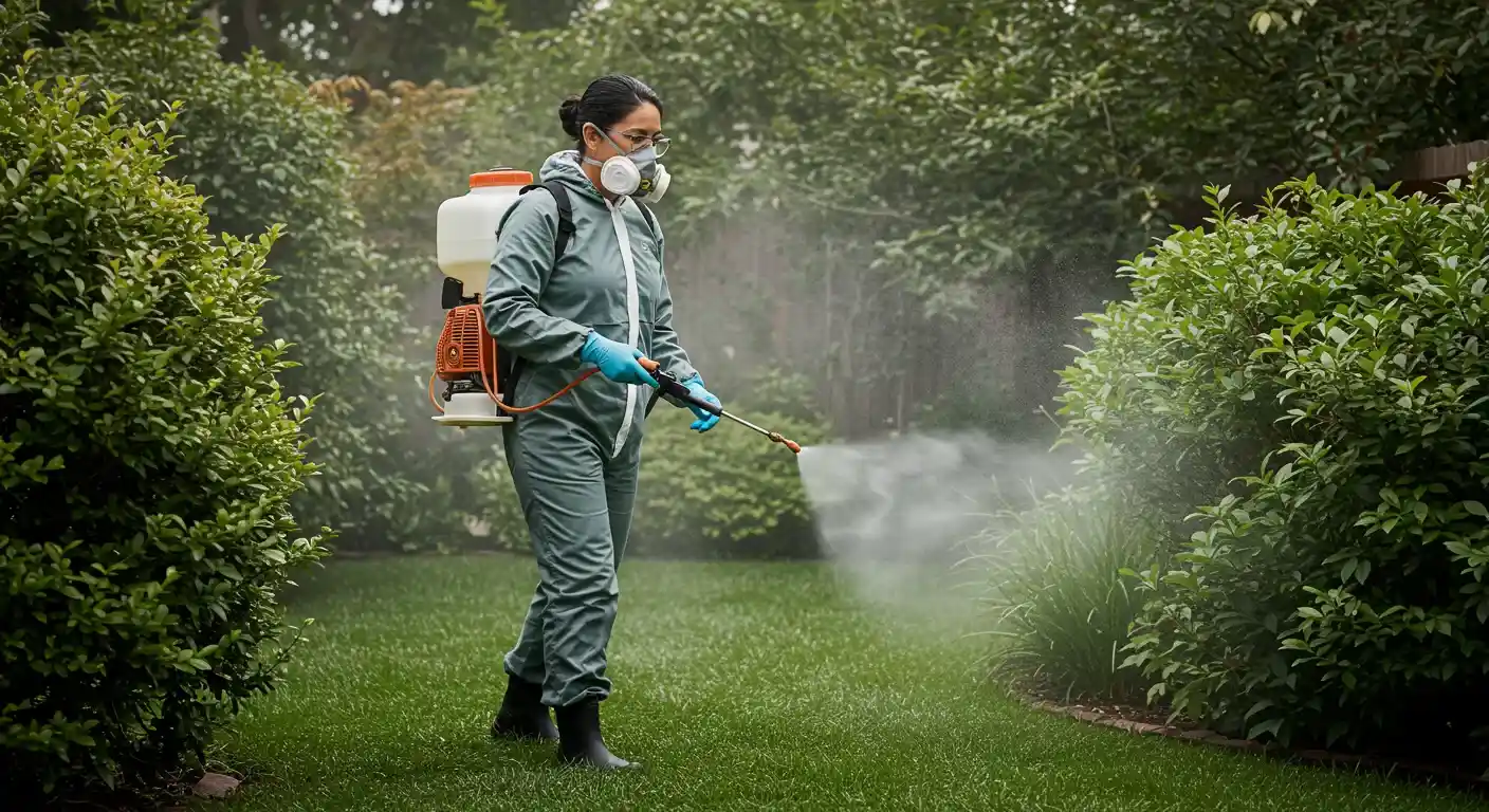 A female pest control technician in a protective suit and mask uses a backpack sprayer to treat a yard surrounded by bushes for mosquito control.