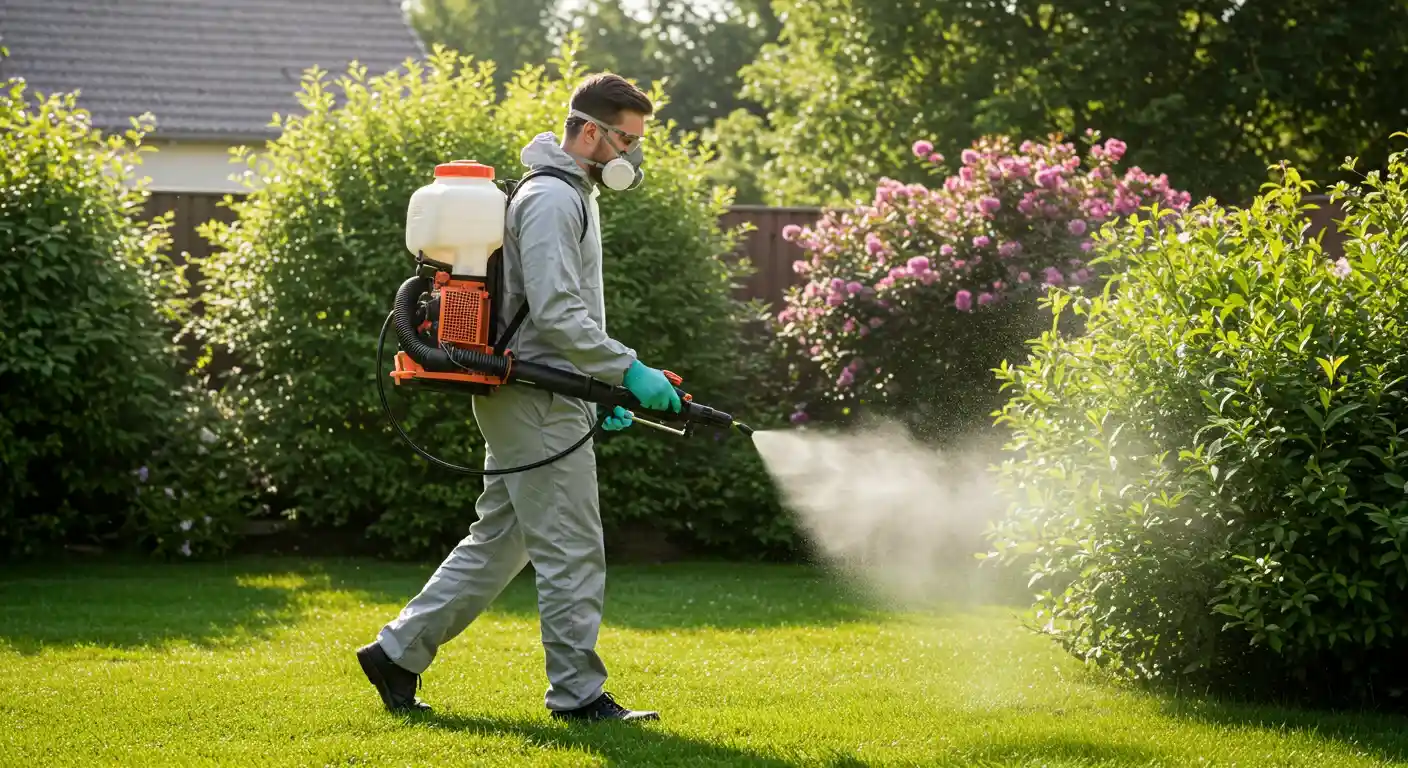 A male technician in a gray protective suit and respirator mask sprays bushes in a garden with a backpack sprayer to control mosquitoes.