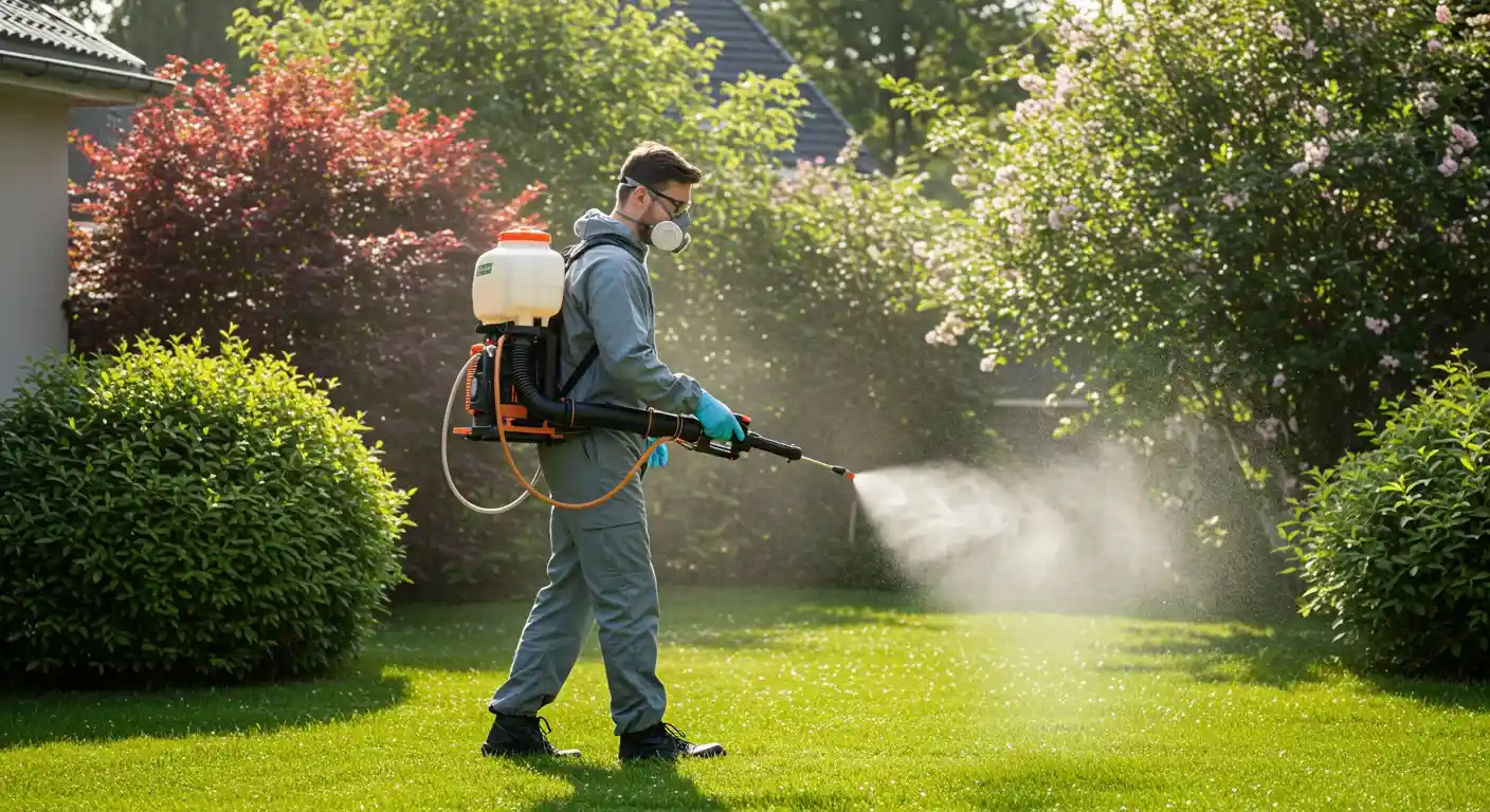 A male pest control technician wearing a protective suit and mask sprays bushes in a green yard with a backpack sprayer to eliminate mosquitoes.