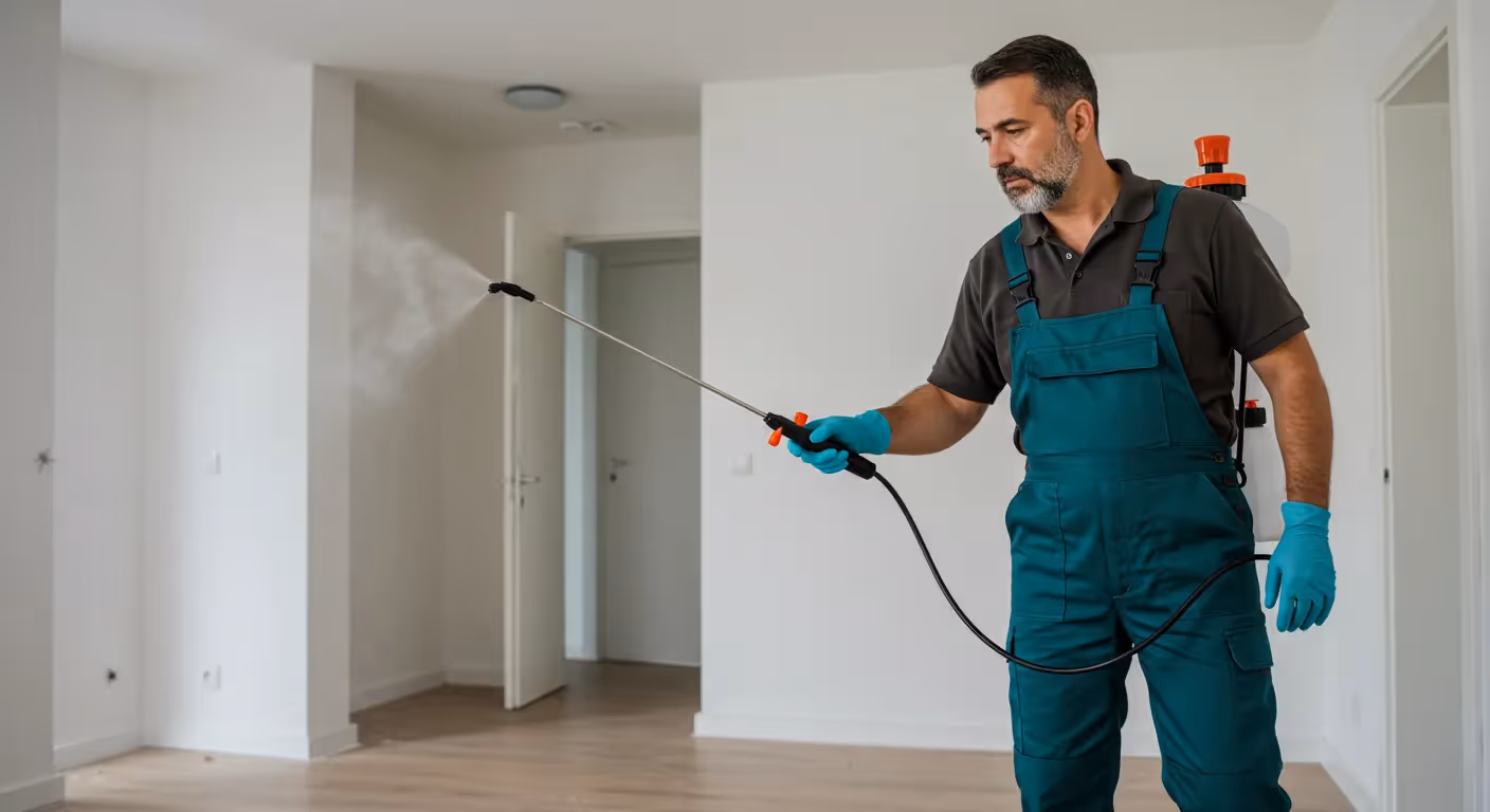 A pest control technician wearing a blue uniform, mask, and gloves kneels on a kitchen floor, using a flashlight to inspect a cabinet for spiders.