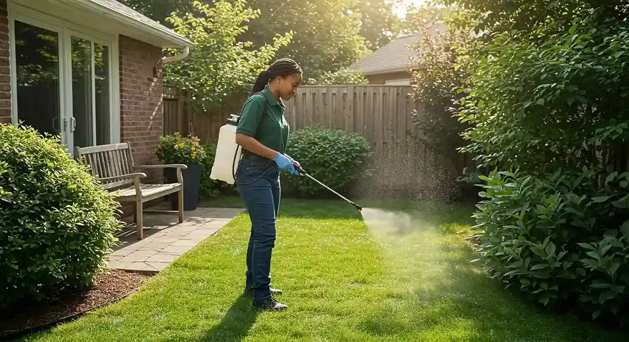 A pest control professional wearing green pants and gloves sprays the grass near a fence with a backpack sprayer to control ticks.