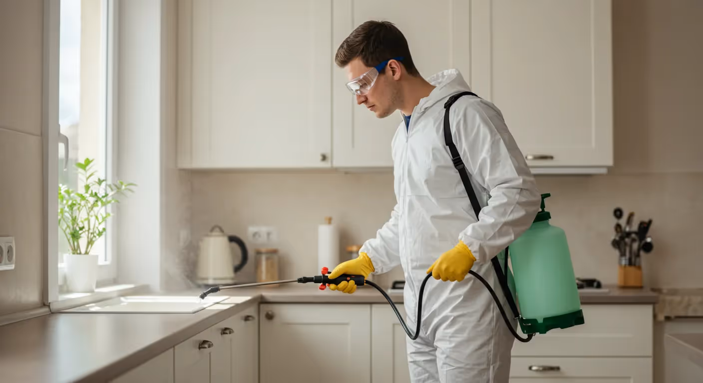 A male pest control technician in a full white protective suit and goggles uses a sprayer to treat a kitchen counter.