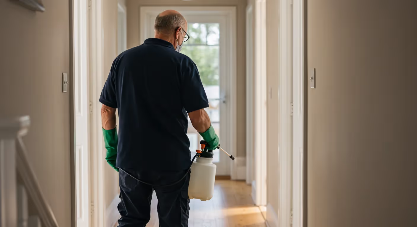 A male pest control professional wearing a blue shirt and green gloves walks down a hallway, holding a white sprayer.