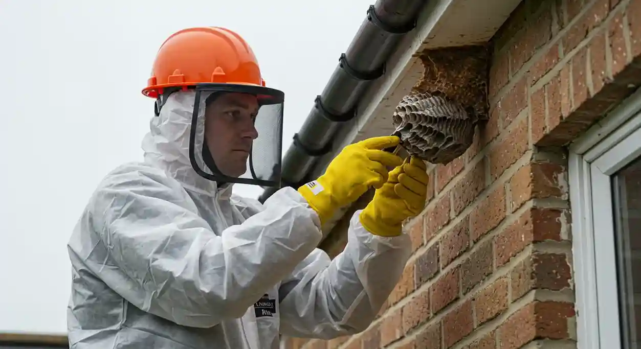 A pest control technician wearing a black protective suit and gloves uses a sprayer to treat a wasp nest hanging from the eaves of a house.