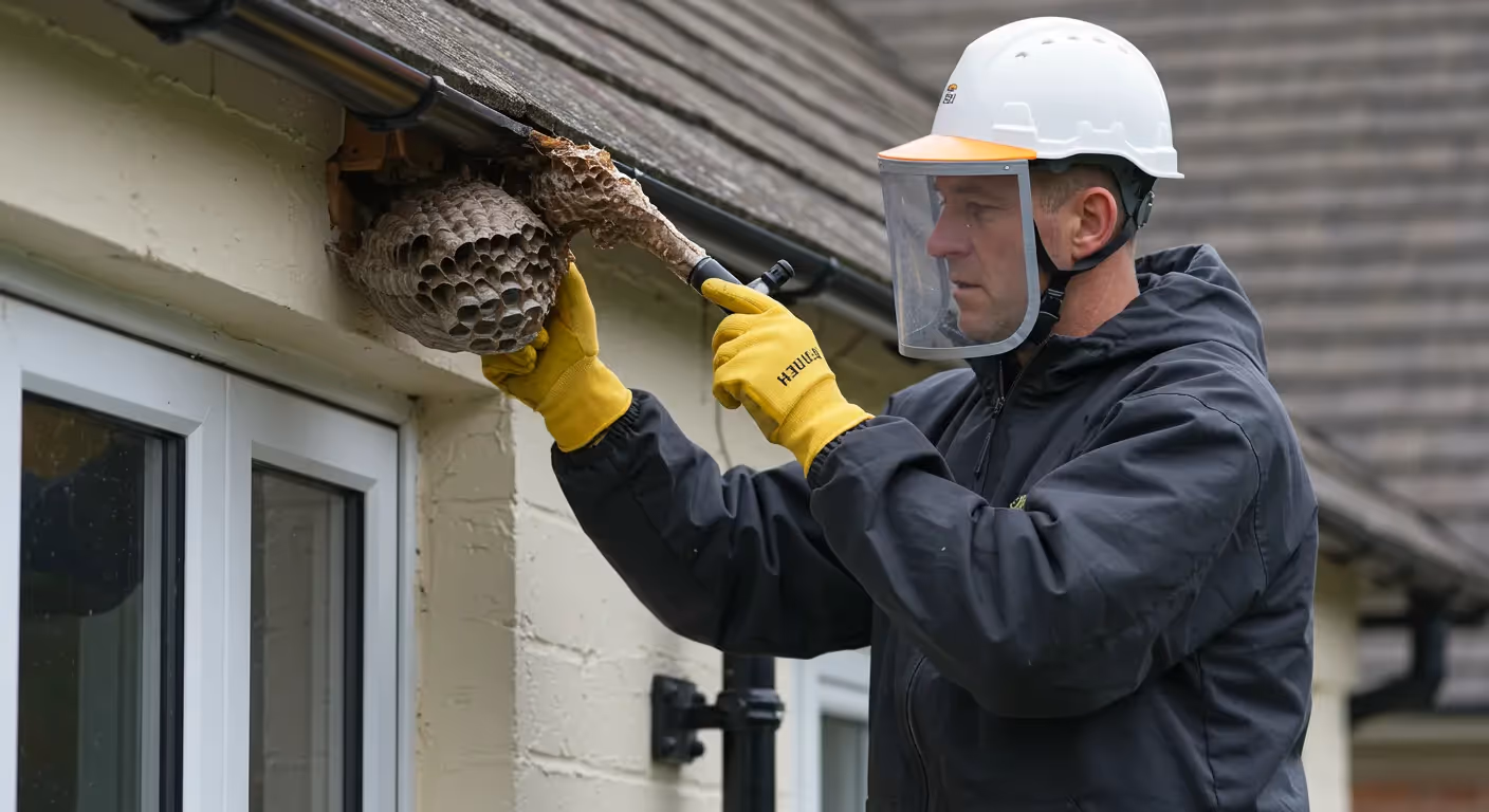 A pest control technician wearing a full protective suit and hood sprays a wasp nest hanging from the eaves of a house.