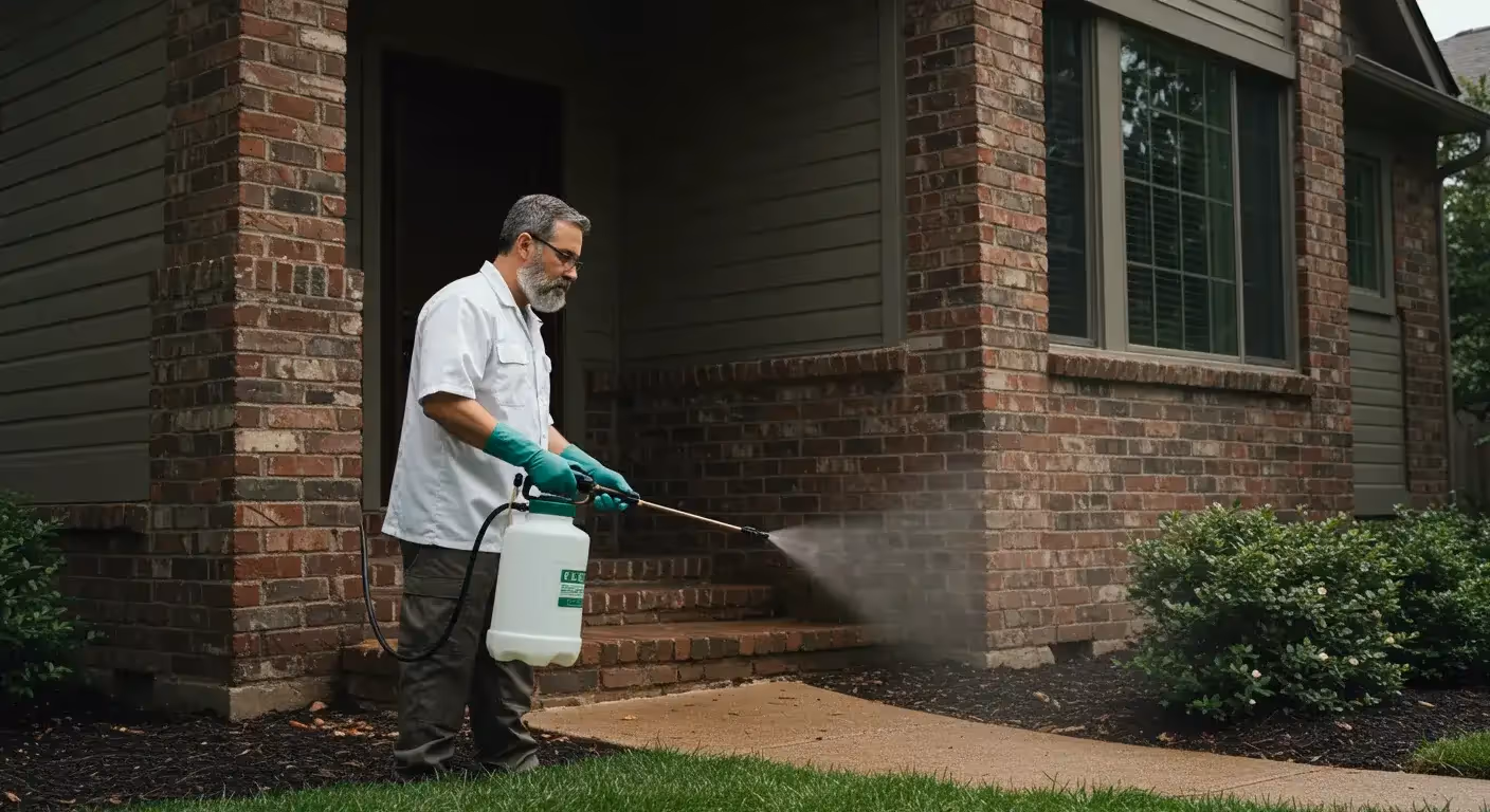 A male pest control technician with a beard stands on a lawn and sprays the foundation and entryway of a brick house.