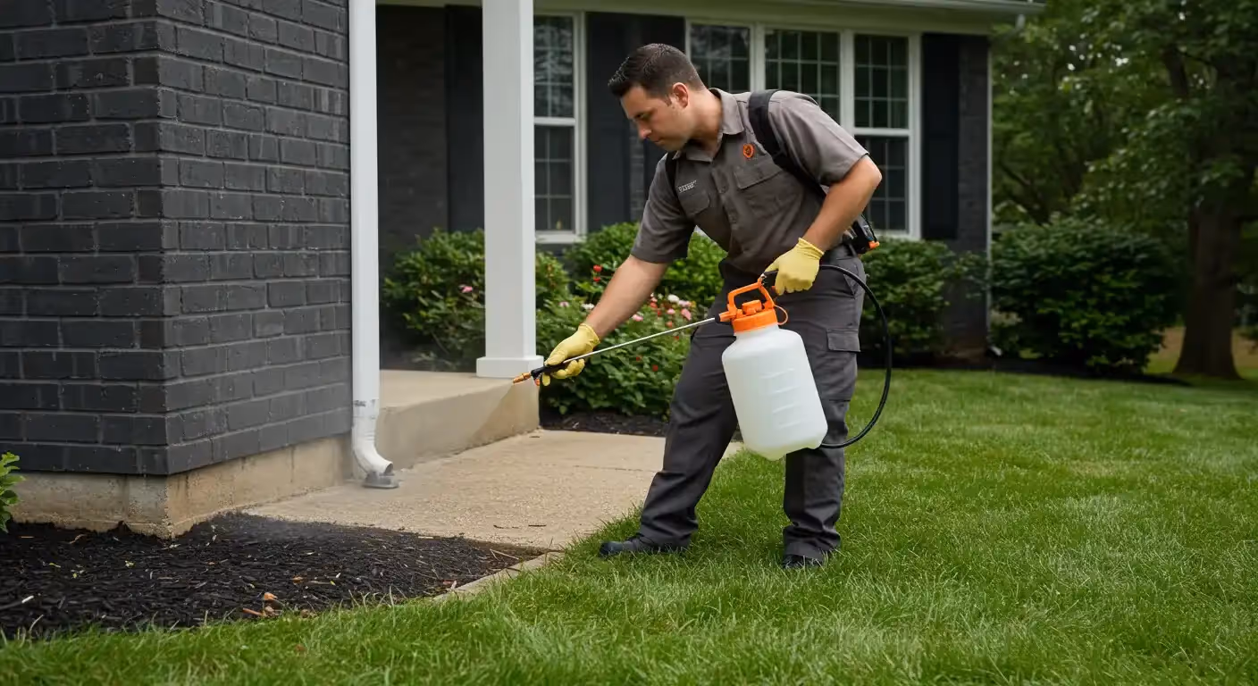A male pest control technician wearing a grey shirt and yellow gloves uses a sprayer to treat the foundation of a house where a downspout is located.