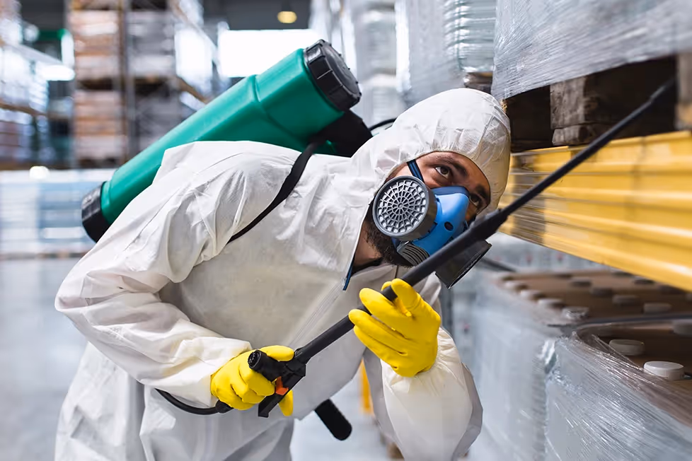 A person spraying for pests in a warehouse.
