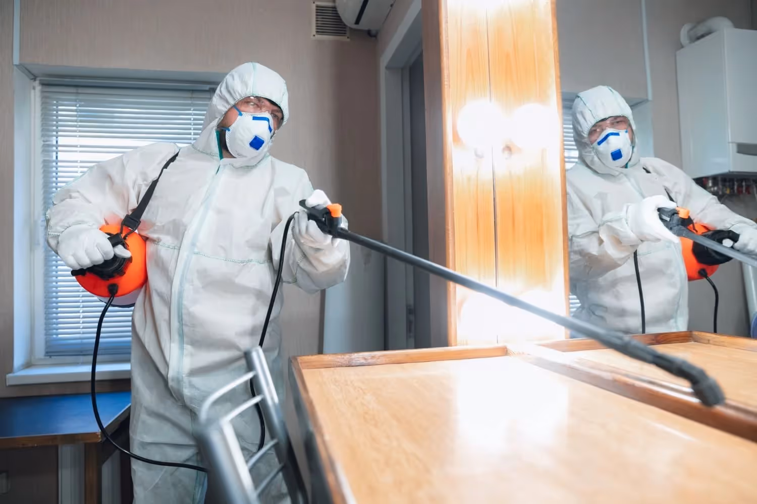 Two men in hazmat suits spraying a table.