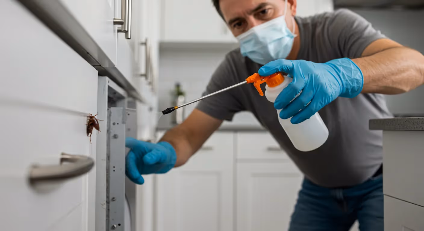 A pest control technician wearing a blue uniform, mask, and gloves uses a sprayer to treat a kitchen cabinet, with a cockroach visible on the outside of the door.