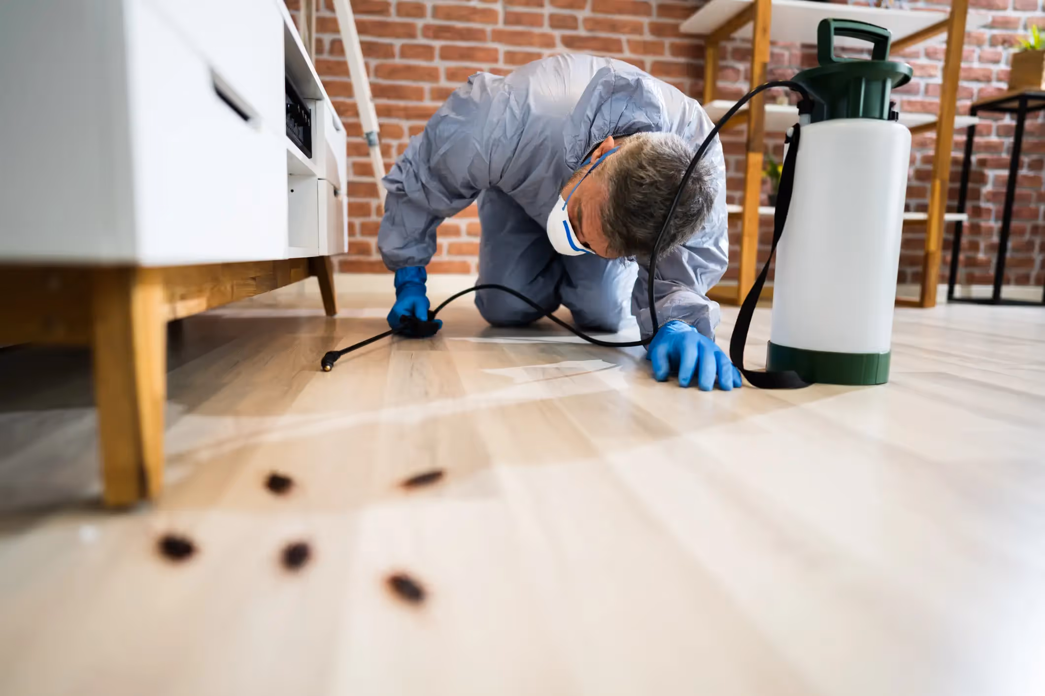 A person wearing a gray protective suit, blue gloves, a mask, and goggles is on their hands and knees, spraying the light-colored wooden floor under a white cabinet. They are using a long, black nozzle connected to a green and white sprayer tank. Several dark brown or black insects, possibly cockroaches, are scattered on the floor near where the person is spraying. The background shows a white cabinet, a red brick wall, and a shelf unit.
