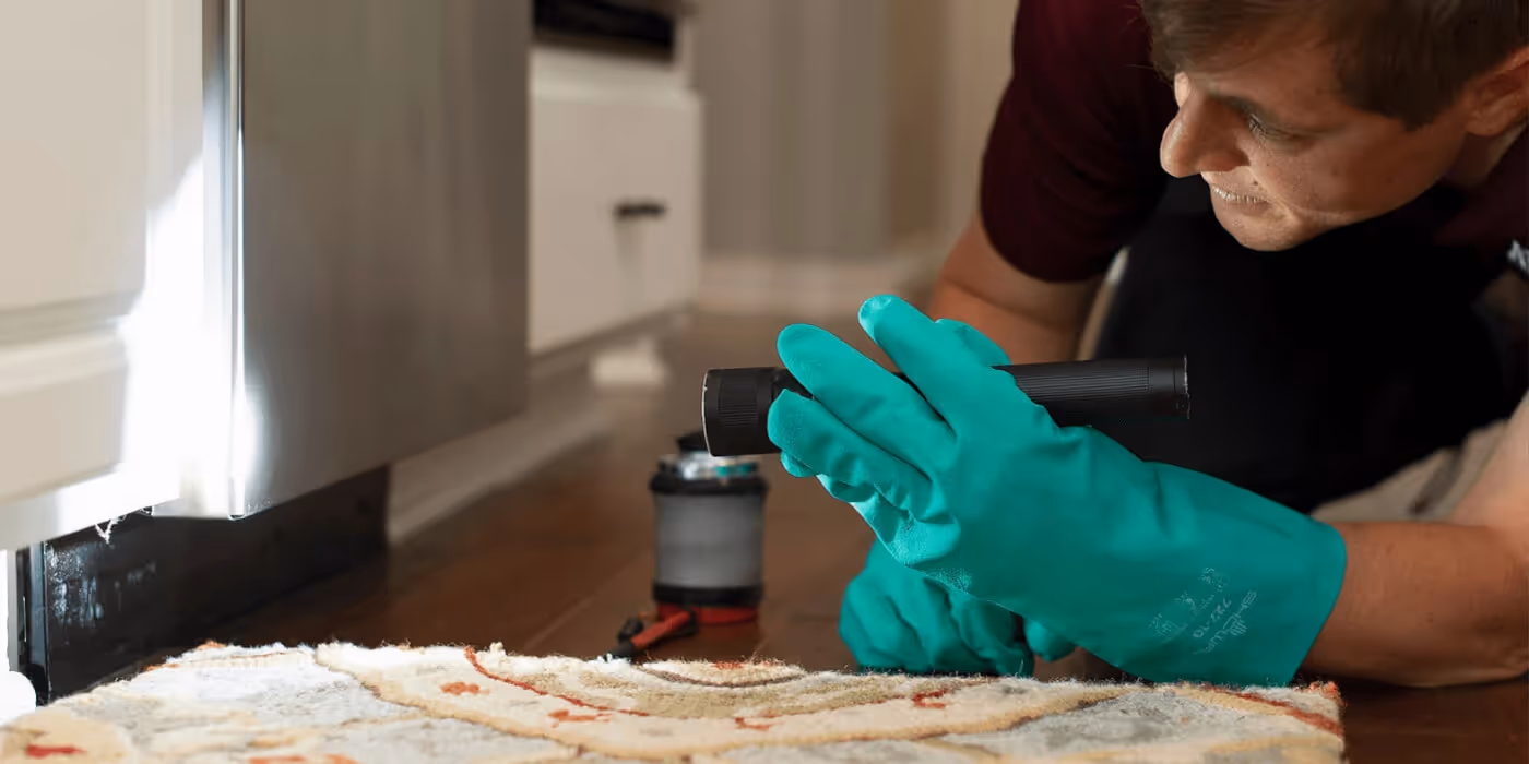 A person inspecting a kitchen with a flashlight.