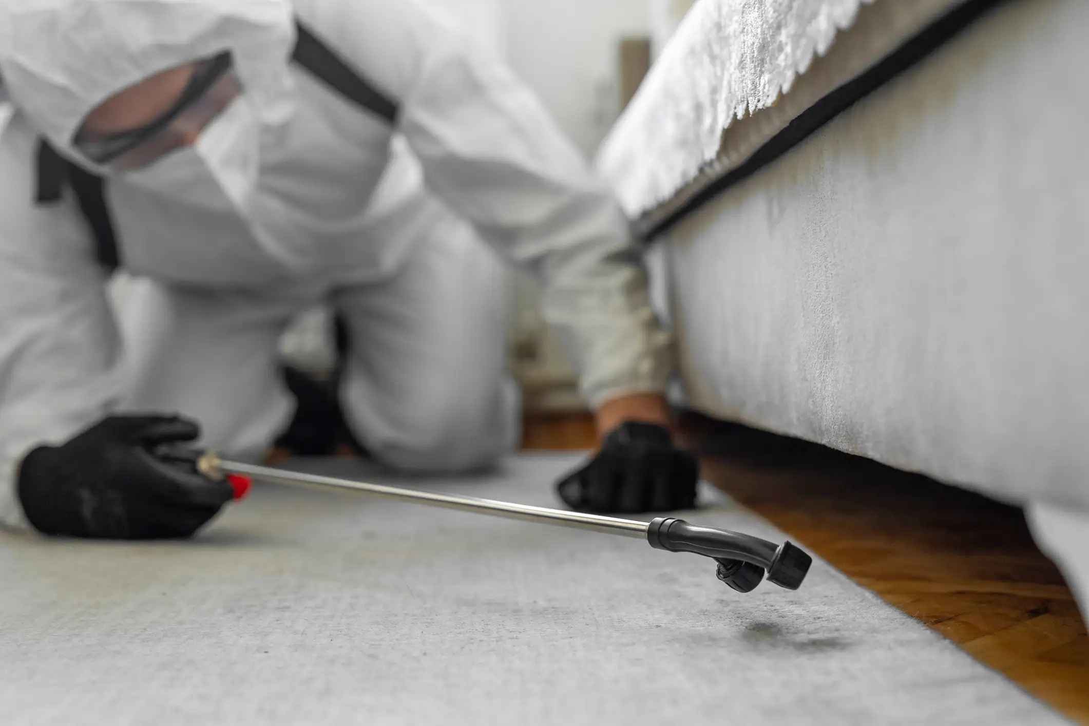 An exterminator in a white hazmat suit, goggles, and black gloves is on his knees, spraying a treatment from a long wand along the edge of a bed on a light-colored carpet. The head and upper body are blurred.