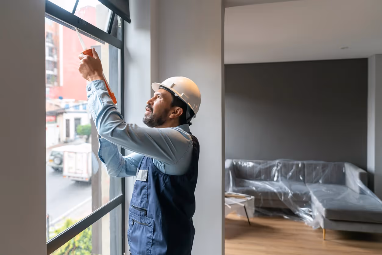 A construction worker wearing a white hard hat and a dark blue vest is standing indoors, using a caulking gun to apply sealant to the top of a large window frame. The room is still being furnished, as indicated by a sofa covered in plastic in the background.