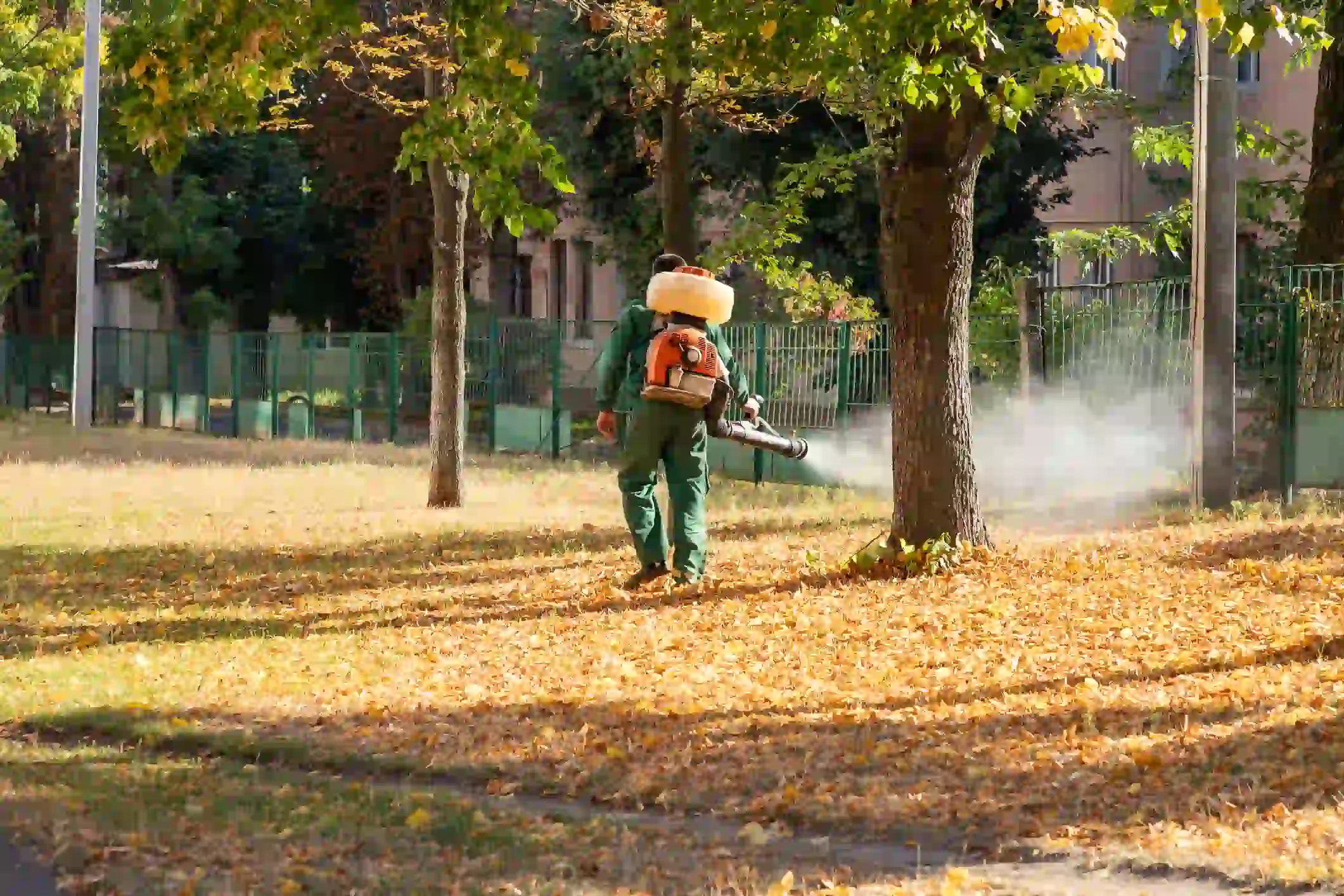 A person wearing a green jumpsuit and a large, yellow-white backpack sprayer is walking across a lawn covered in yellow and brown autumn leaves. They are holding a long, black nozzle and spraying a fine mist into the air, creating a cloud of smoke or vapor behind them. Several trees are scattered across the lawn, and a green metal fence and a building are visible in the background.