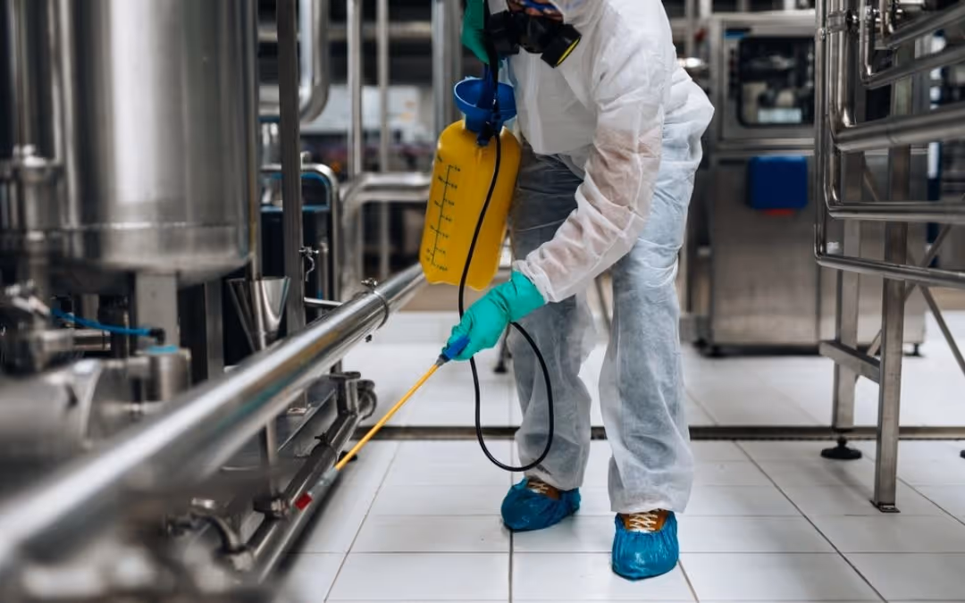 A professional spraying for pests in a factory.