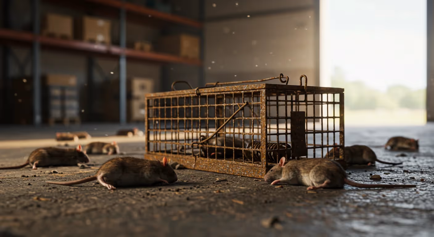 A large group of rats near a cage trap.
