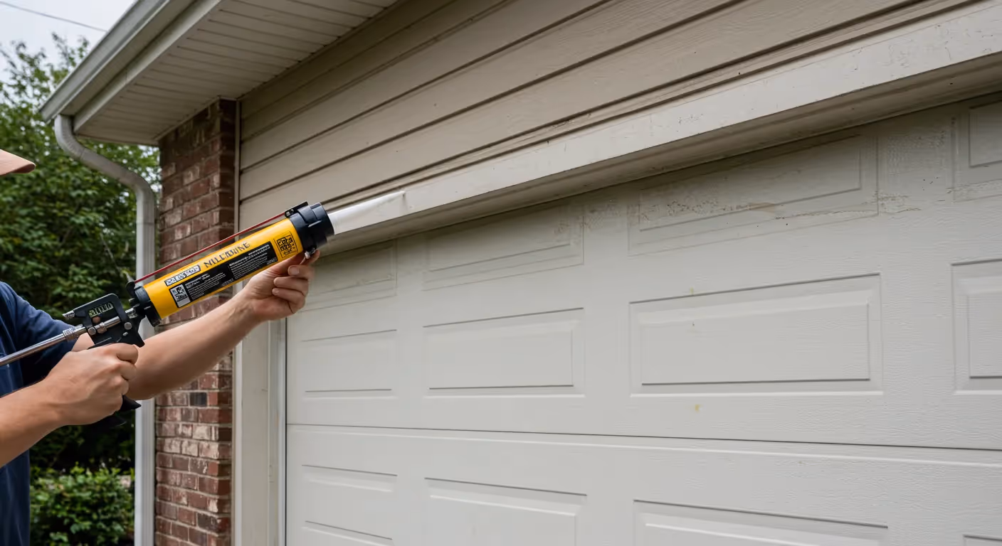 A person caulking the top of a garage door.