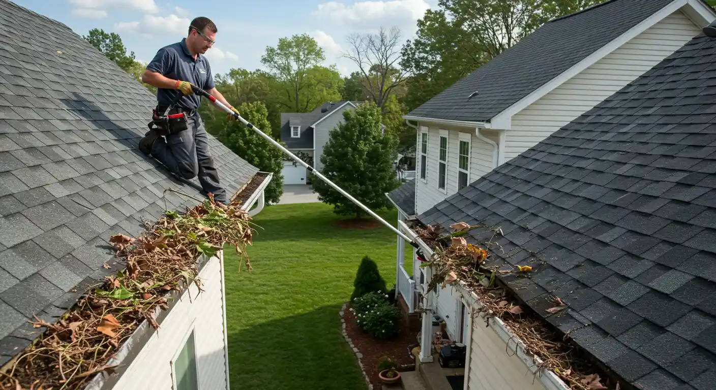 A man cleaning a clogged gutter with a tool.