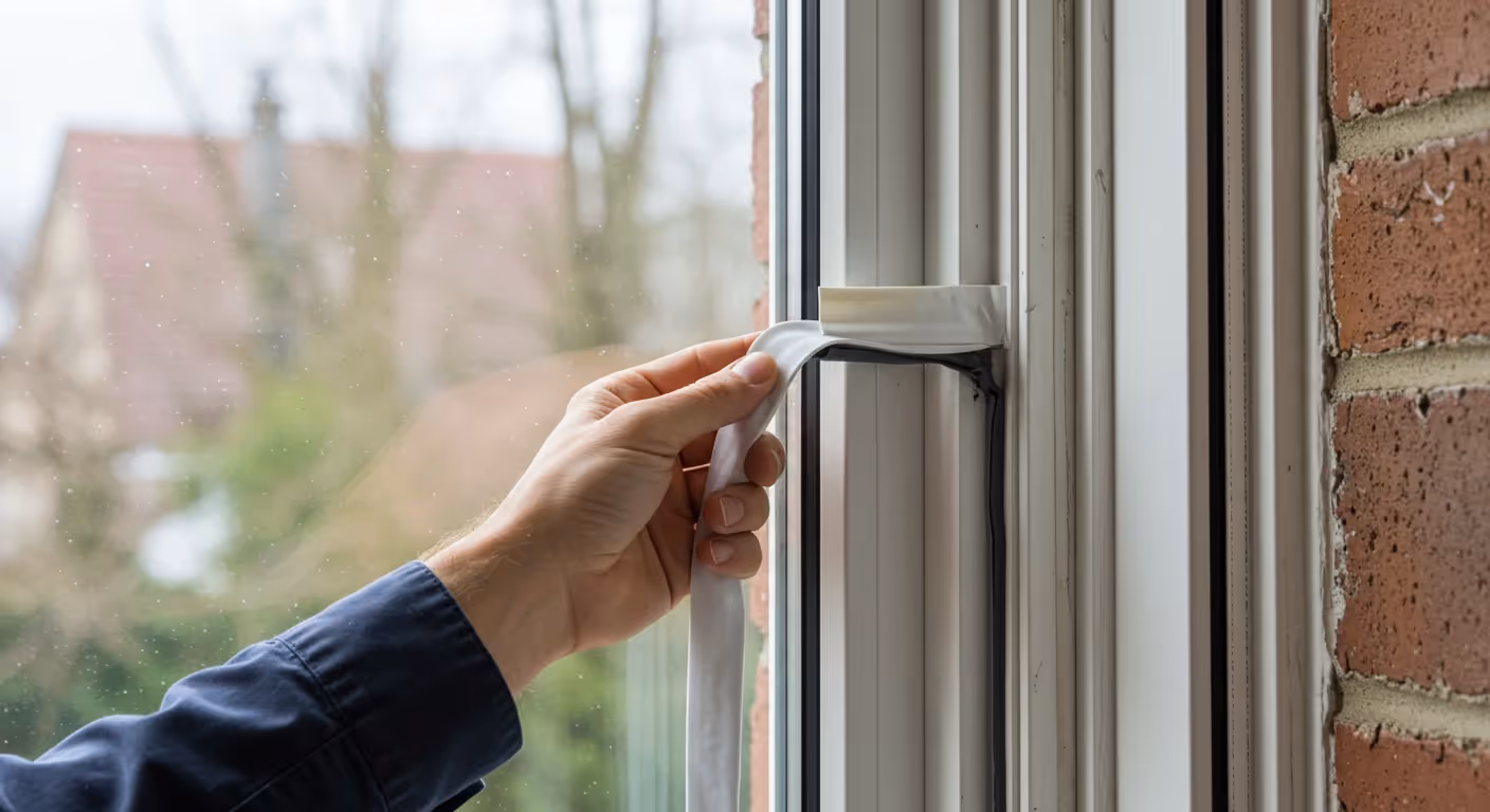 A person installing weatherstripping on a window.