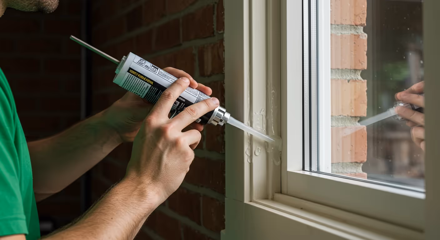 A person caulking the exterior of a window.
