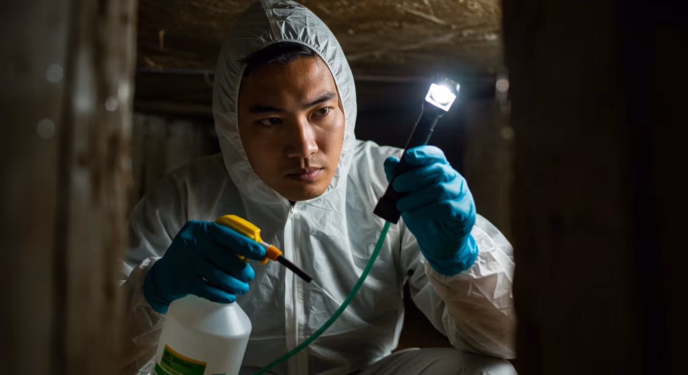 A pest control professional inspecting with a flashlight.