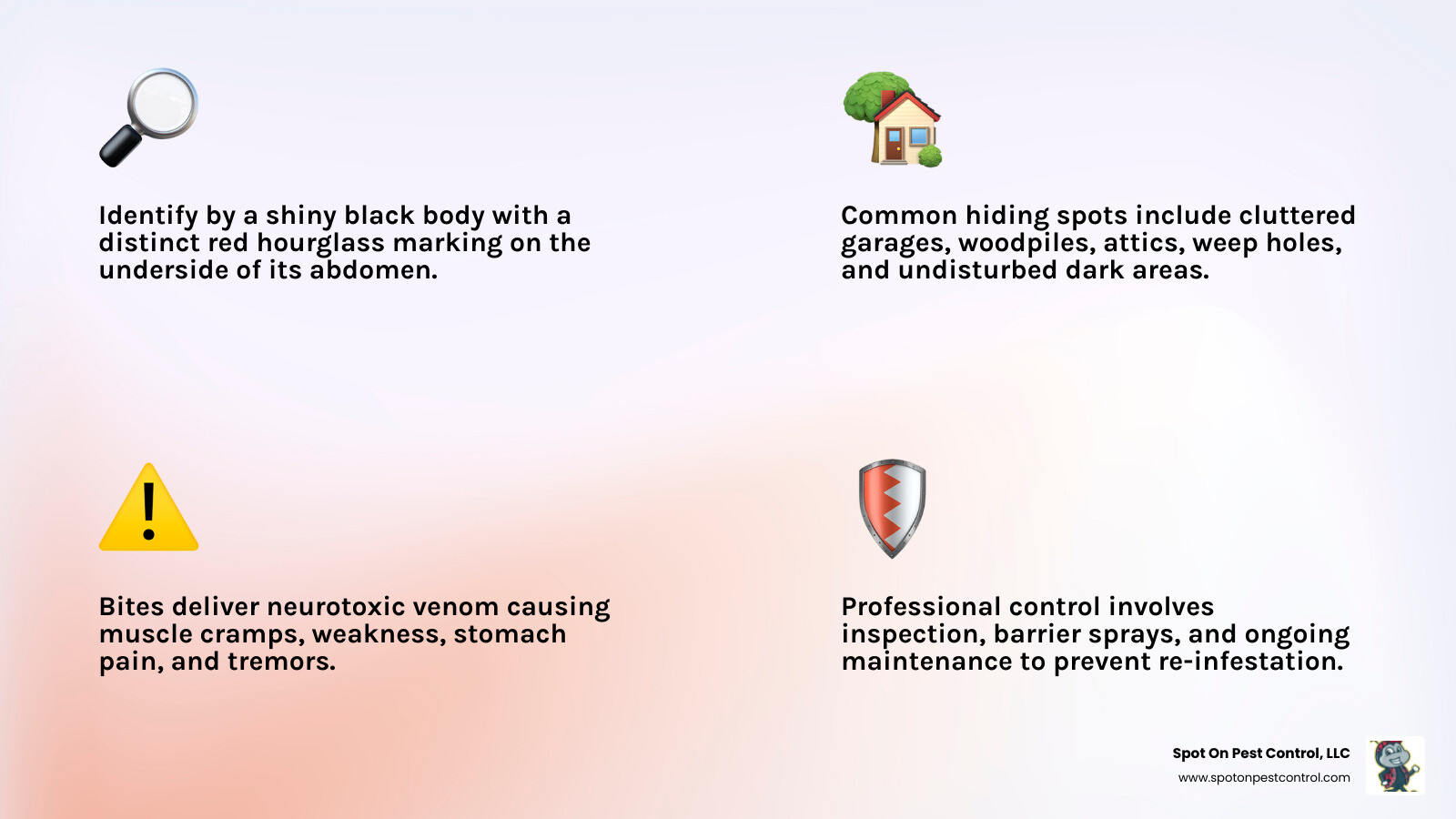 Infographic showing black widow spider identification with red hourglass marking, common hiding spots including garages and woodpiles, bite symptoms like muscle cramps and weakness, and professional treatment steps including inspection and barrier application - black widow spider control lufkin tx infographic 4_facts_emoji_light-gradient