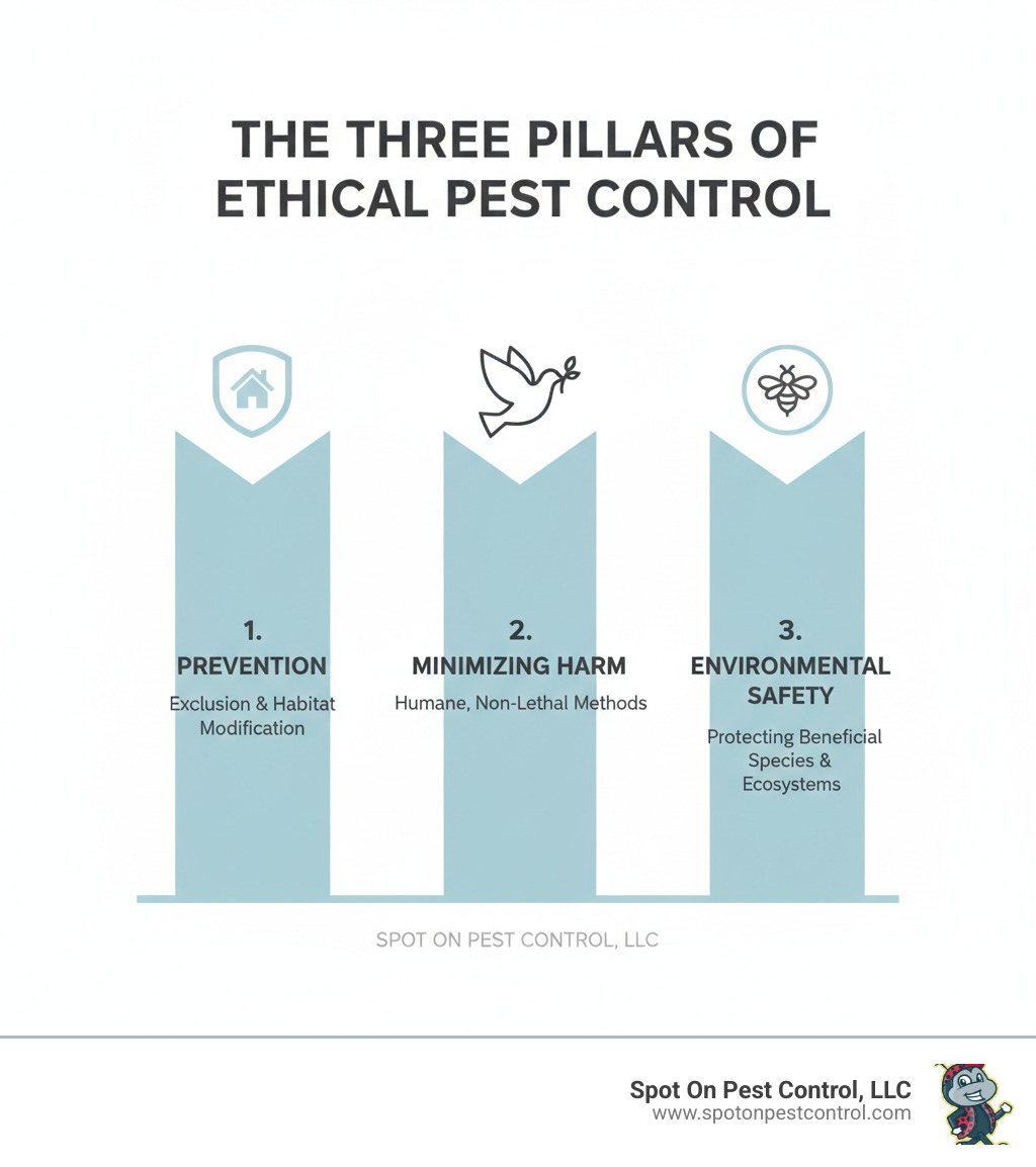 Infographic showing the three pillars of ethical pest control: Prevention through exclusion and habitat modification, Minimizing Harm with humane non-lethal methods as primary approach, and Environmental Safety protecting beneficial species and ecosystems - ethical pest control infographic 