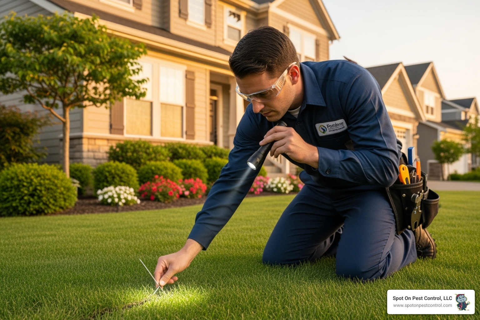 A pest control technician in uniform carefully inspecting a home's exterior for potential entry points, highlighting the importance of thorough inspections in IPM. - ethical pest control