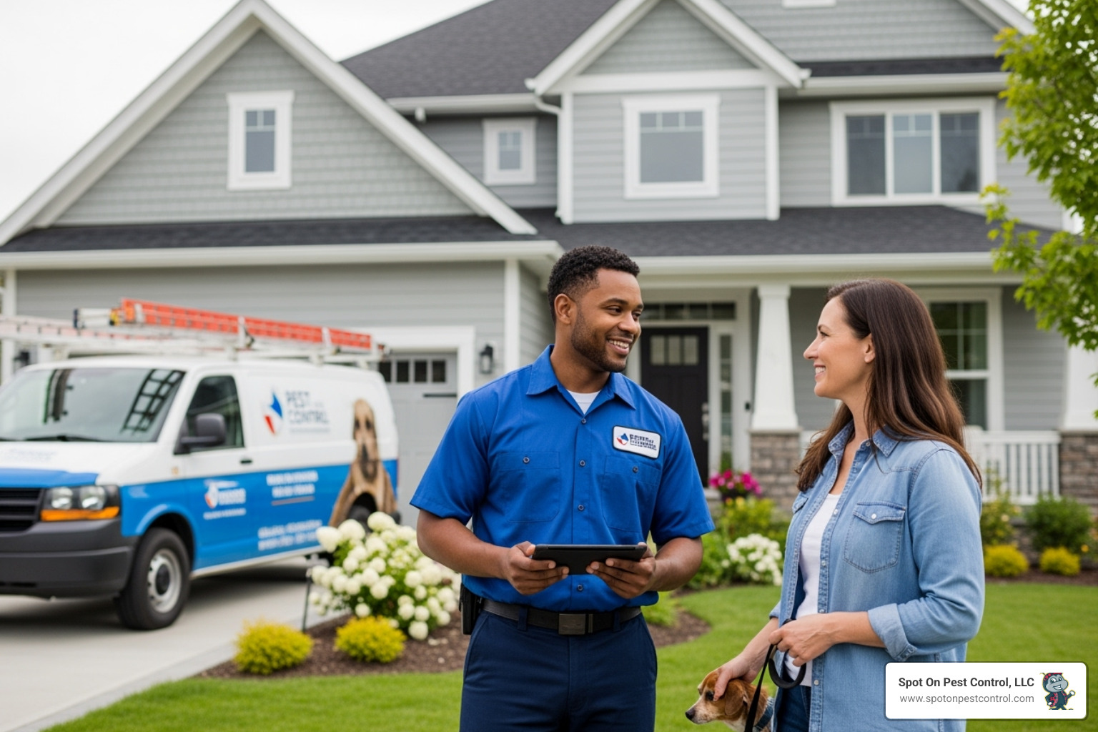 A friendly, trustworthy pest control technician from Spot On Pest Control, LLC, engaging in conversation with a homeowner in front of their house in Lufkin, TX, symbolizing trust and local service. - ethical pest control
