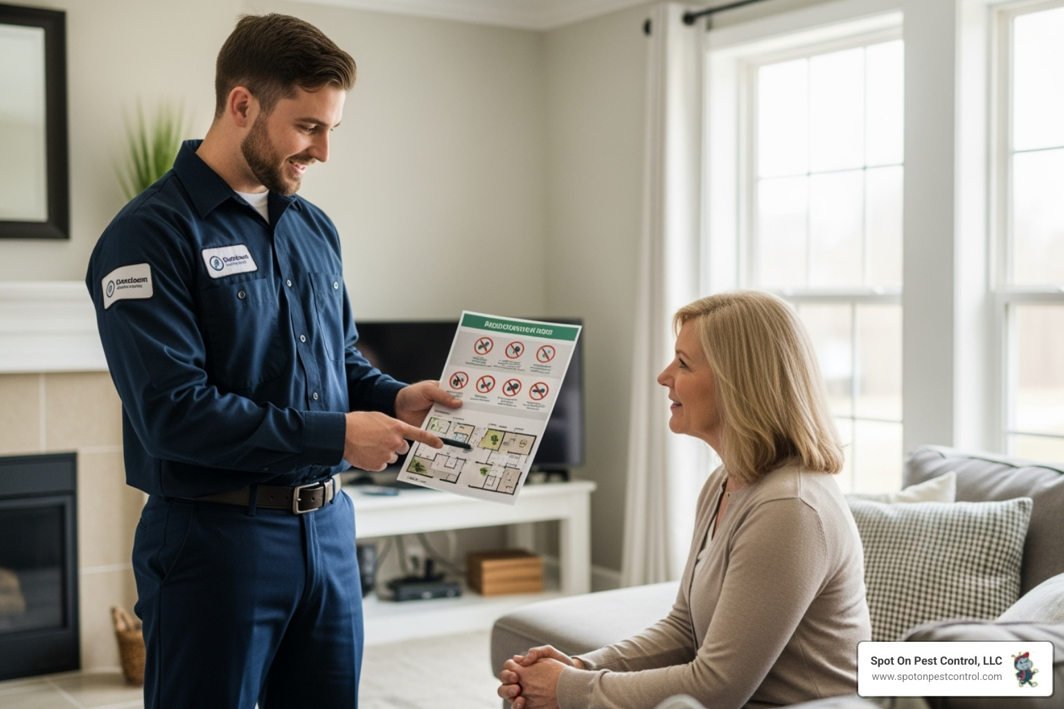 Image of a technician explaining a treatment plan to a homeowner - best pest control nacogdoches tx
