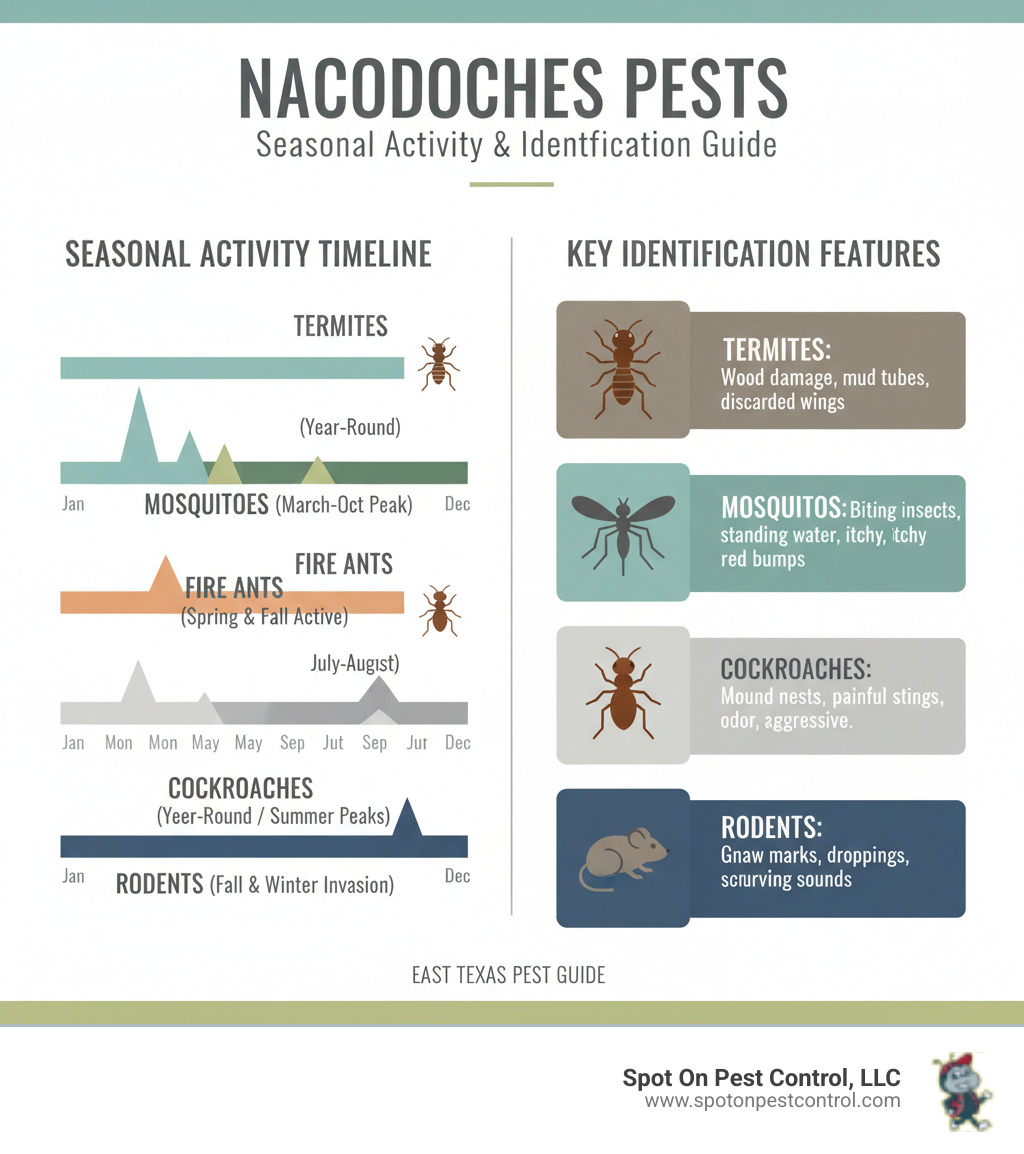 Infographic showing common Nacogdoches pests including termites (active year-round), mosquitoes (March-October peak), fire ants (spring and fall most active), cockroaches (year-round with summer peaks), and rodents (fall and winter invasion seasons), with seasonal activity timeline and key identification features - best pest control nacogdoches tx infographic 