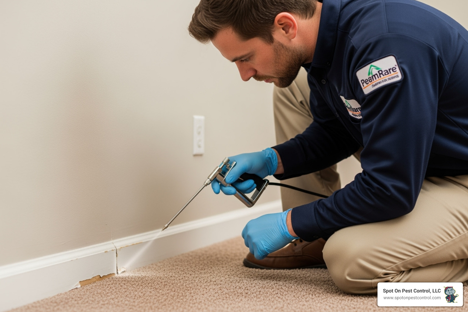 A trained pest control technician carefully applying a targeted treatment to a crack and crevice along a baseboard - responsible pest control