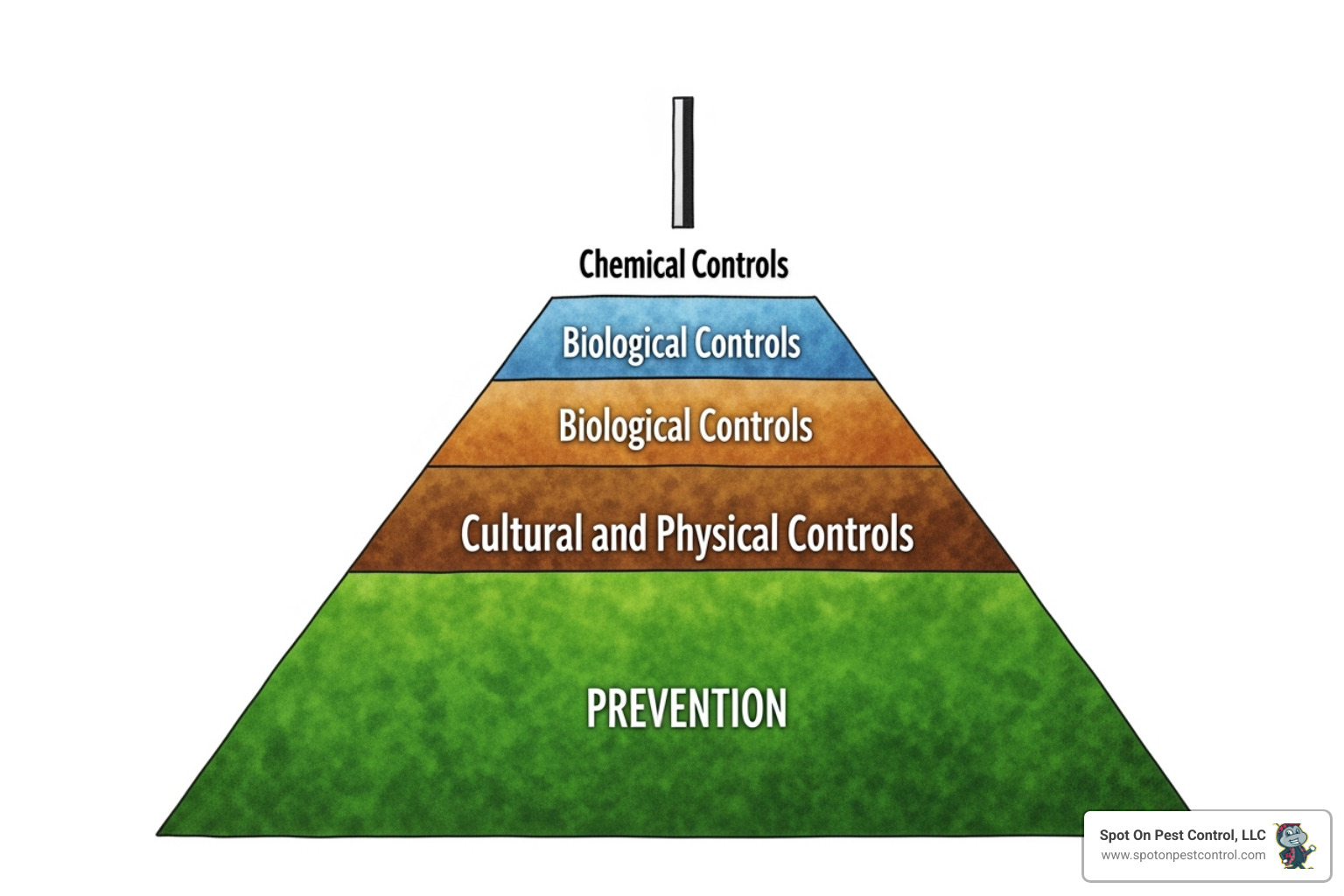 IPM pyramid showing prevention as the base, followed by cultural/physical controls, biological controls, and finally chemical controls at the top - responsible pest control