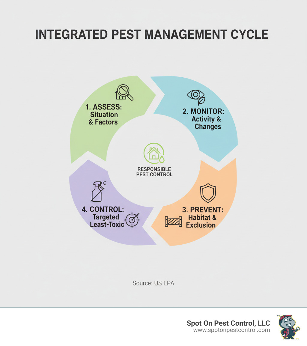 Infographic showing the Integrated Pest Management cycle with four connected steps: Assess current pest situation and contributing factors, Monitor for pest activity and environmental changes, Prevent pest problems through habitat modification and exclusion, and Control using targeted least-toxic methods when necessary - responsible pest control infographic 
