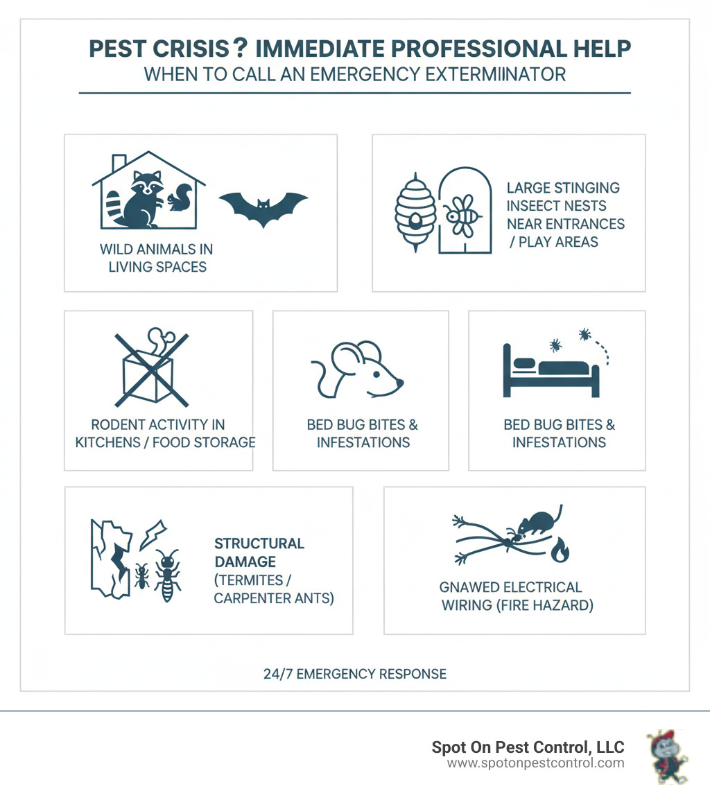 Infographic showing emergency pest situations requiring immediate professional help: wild animals in living spaces (raccoons, bats, squirrels), large stinging insect nests near entrances or play areas, signs of rodent activity in kitchens or food storage areas, bed bug bites and infestations, visible structural damage from termites or carpenter ants, and gnawed electrical wiring posing fire hazards - emergency exterminator infographic 