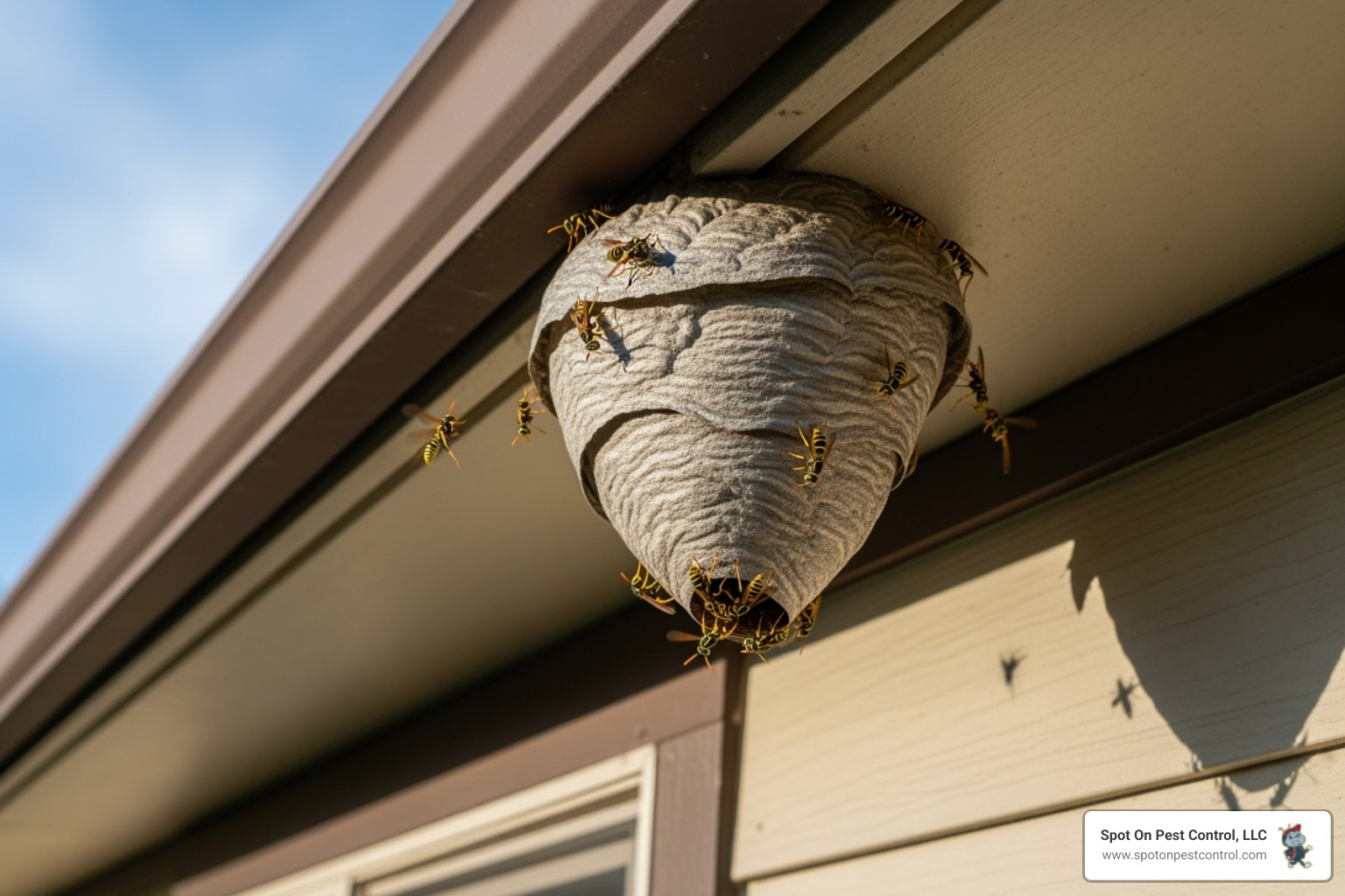a large, active wasp nest attached to the eave of a house - emergency exterminator
