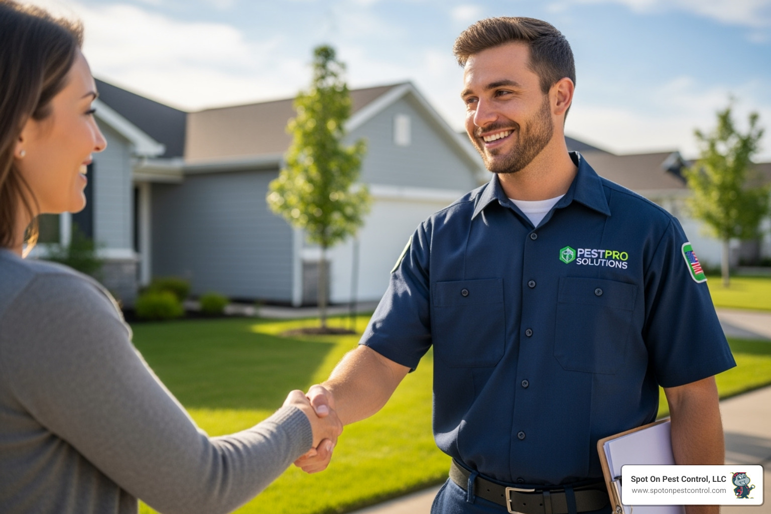 A friendly, uniformed Spot On Pest Control technician shaking hands with a homeowner - mosquito control diboll tx