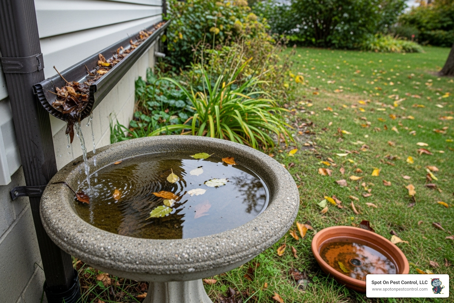 Common mosquito breeding spots like a birdbath, clogged gutter, and flowerpot saucer - mosquito control diboll tx