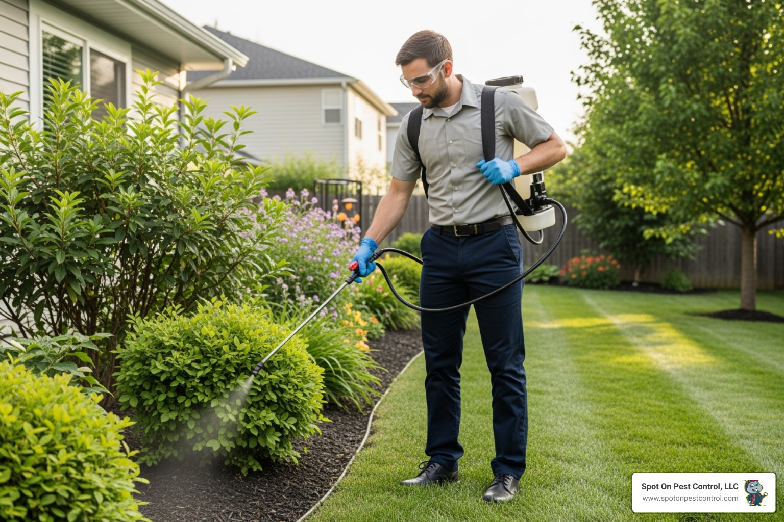 A Spot On Pest Control technician applying a barrier spray treatment to shrubs and foliage - mosquito control diboll tx