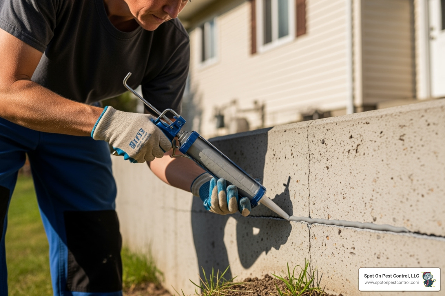 A homeowner sealing a crack in their foundation - 24 hour pest control lufkin tx