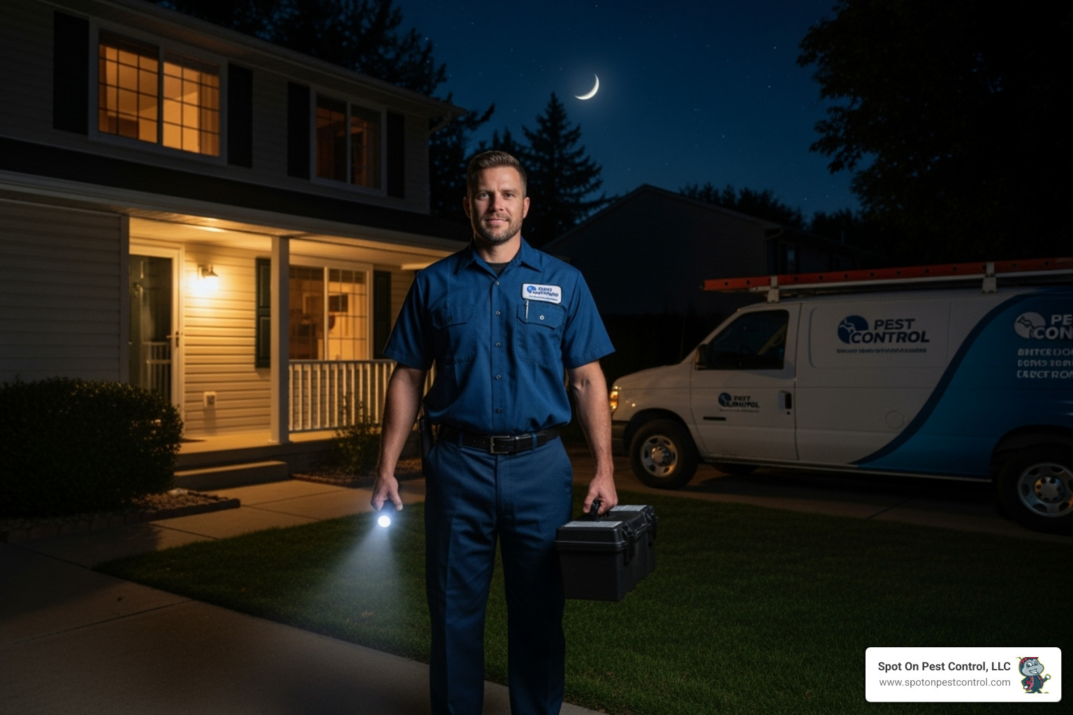 A pest control technician arriving at a home at night - 24 hour pest control lufkin tx
