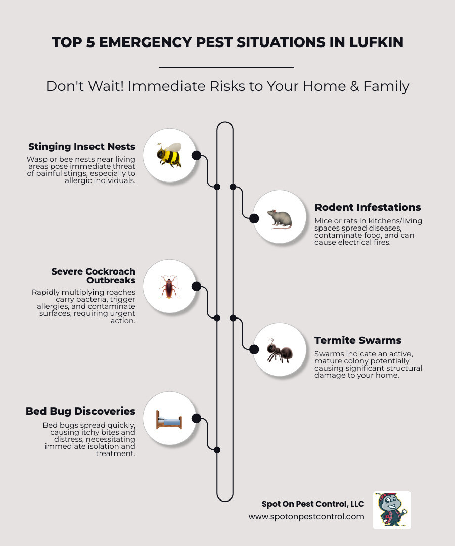 Emergency pest control response times and common situations requiring immediate attention in Lufkin TX - 24 hour pest control lufkin tx infographic infographic-line-5-steps-neat_beige