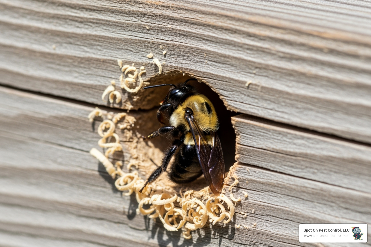 Carpenter Bee drilling into wood - bee control lufkin tx