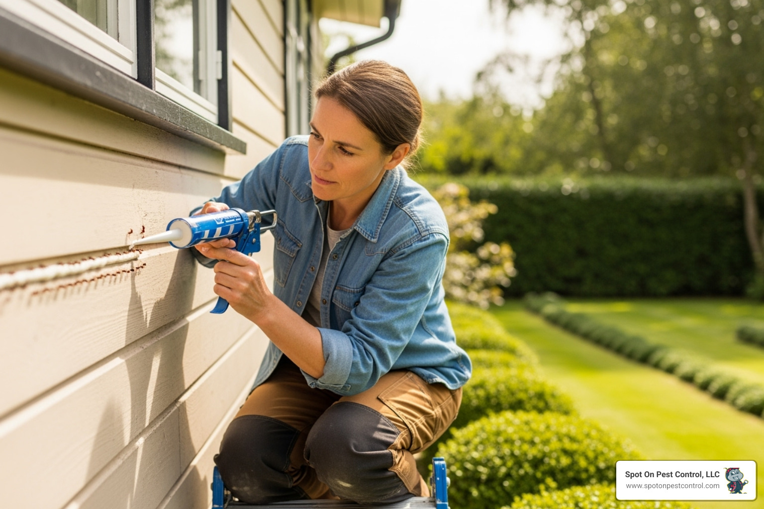 A homeowner carefully applies caulk to seal a crack in the exterior siding of their house, emphasizing proactive pest prevention - wasp control lufkin tx