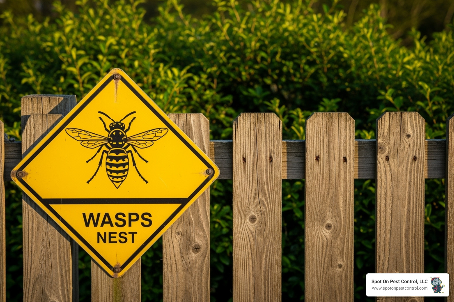 A yellow and black "Beware of Wasps" sign prominently displayed on a fence near a cluster of bushes, hinting at a hidden wasp nest - wasp control lufkin tx