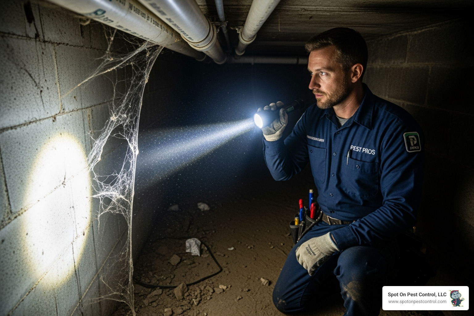 A technician performing a detailed pest inspection with a flashlight - east texas pest control
