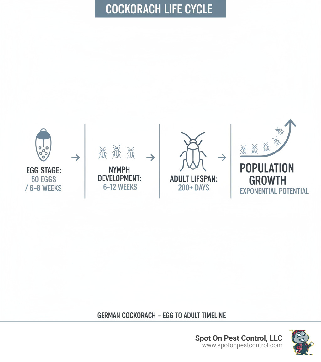 Infographic showing cockroach reproduction cycle timeline from egg to adult, including German cockroach laying 50 eggs every 6-8 weeks, nymph development stages over 6-12 weeks, and adult lifespan of 200+ days with exponential population growth potential - cockroach removal lufkin tx infographic Infographic showing cockroach reproduction cycle timeline from egg to adult, including German cockroach laying 50 eggs every 6-8 weeks, nymph development stages over 6-12 weeks, and adult lifespan of 200+ days with exponential population growth potential - cockroach removal lufkin tx infographic